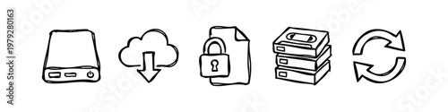 Hand Drawn Doodles of Data Storage and Cloud Computing Icons Including Hard Drive and Secure File