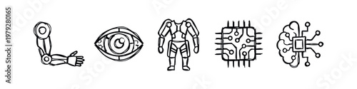 Hand Drawn Sketch Style Cybernetic and Artificial Intelligence Icons Including Robotic Arm Eye and Brain
