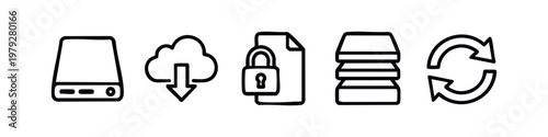 Minimalist Line Art Icons for Cloud Data Storage Backup and Information Security Services