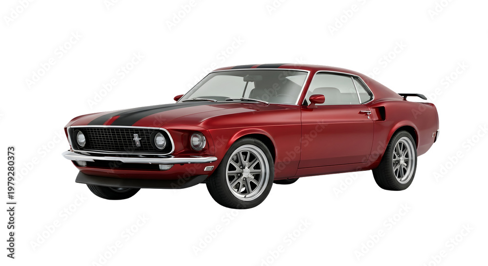 Fototapeta premium Classic Red Ford Mustang Mach 1 Muscle Car with Racing Stripes.