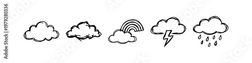 Hand Drawn Weather Icons Doodle Clouds Rainbow Lightning Rain Forecast Sketch Set