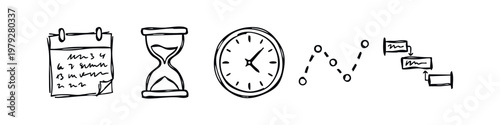 Time Management and Planning Hand Drawn Doodle Icons Calendar Clock Hourglass Graph