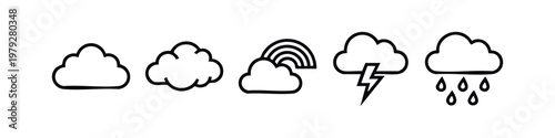 Weather Forecast Icon Set with Clouds Rainbow Lightning and Rain Clean Line Art