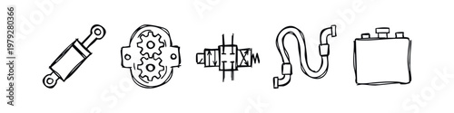 Hydraulic and Mechanical Engineering Hand Drawn Doodle Icons Pump Valve Cylinder Pipe