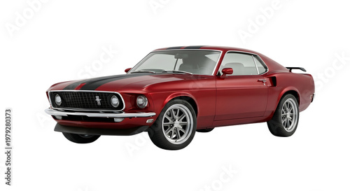 Classic Red Ford Mustang Mach 1 Muscle Car with Racing Stripes.