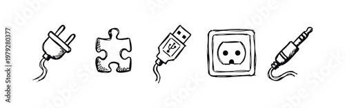 Electronic Components and Connection Hand Drawn Doodle Icons Plug USB Socket Audio Jack