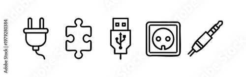 Computer Hardware and Connection Port Line Icon Set USB Power Plug Audio Jack Socket