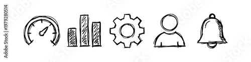 Hand Drawn Sketch Style Business Performance and Dashboard Icons Set
