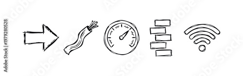 Sketch Style Icons Set for Network Connectivity Data Speed and Hardware