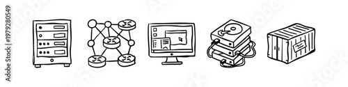 Sketch Style Server Storage and Network Computing Infrastructure Icons Set