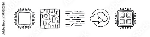 Hand Drawn Computer Hardware and Microchip Technology Icons Illustration