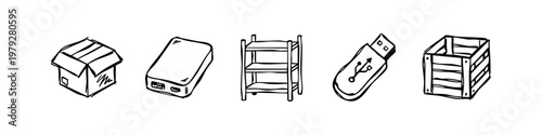 Sketch Style Logistics and Digital Storage Device Icons Set for Shipping