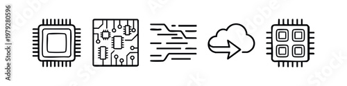 Linear Icons of Computer Processor Circuit Board and Cloud Data Transfer