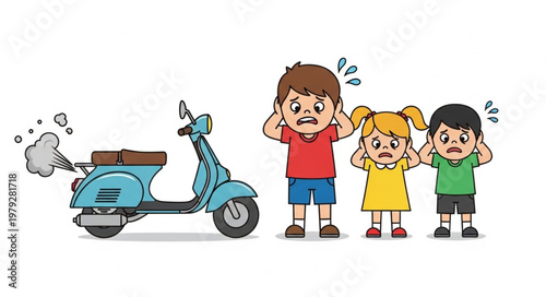 Children Covering Ears From Loud Scooter Noise.