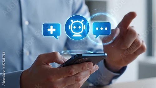 Professional using mobile phone with AI chatbot for instant customer support, virtual assistance, and efficient communication. Ideal for modern business, digital transformation, and smart technology..