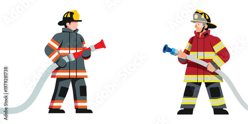 A flat minimalist vector illustration set of a firefighter holding a hose, bold shapes, no outlines, bright accents, white background