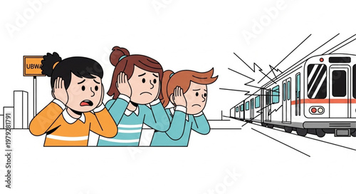 Children covering ears from loud train noise illustration.
