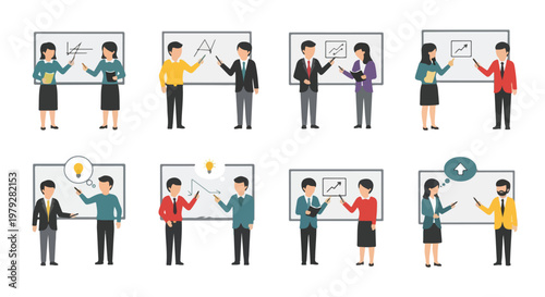 A minimal flat illustration of a teacher instructing in front of a board, uncluttered design, no outlines, white background