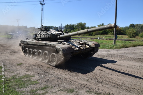 Military tanks on training ground during exercises