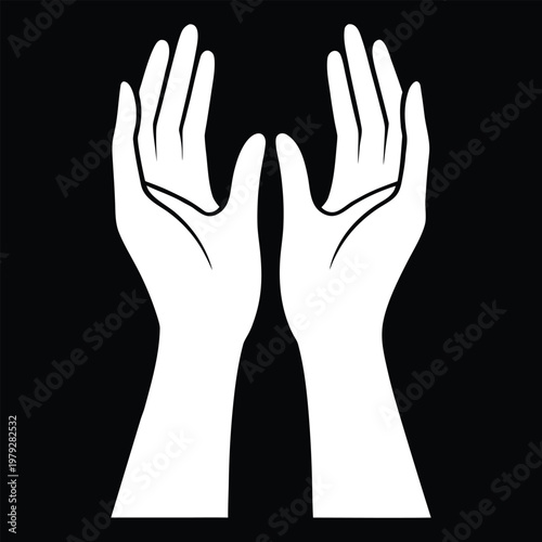 Raised Hands Dua Prayer Silhouette Line Art Islamic Vector Illustration on black background.