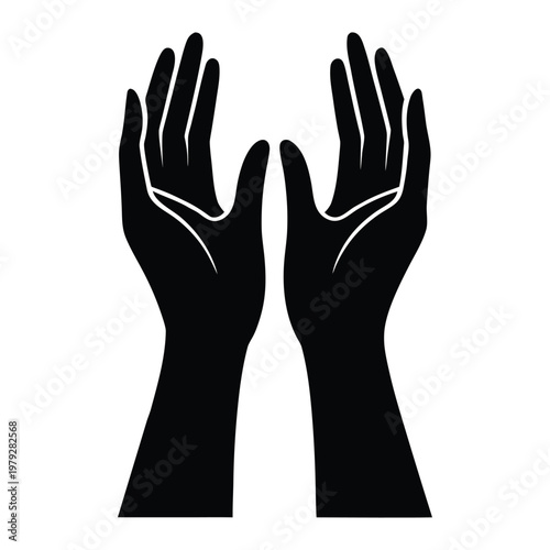 Raised Hands Dua Prayer Silhouette Line Art Islamic Vector Illustration on white background.