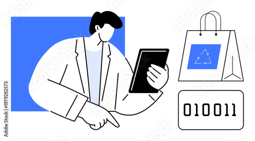 E-commerce, sustainability, digital transactions, technology integration, eco-friendly shopping, binary data. A man uses a tablet, alongside a recyclable shopping bag and binary code. E-commerce