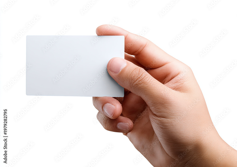 Obraz premium Close-up of a hand holding a blank white rectangular card, isolated on white