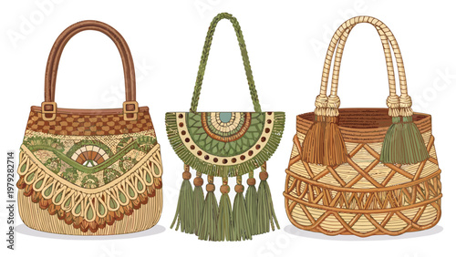 Boho chic macram straw handbags with fringe and tassels in earthy tones for fashionable sustainable style