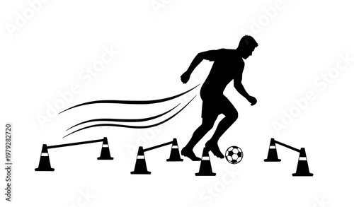 Dynamic soccer agility training silhouette football dribbling cones drill vector illustration isolated design