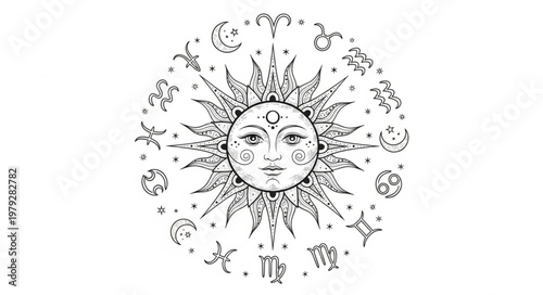Celestial Sun Face with Zodiac Constellations Astrology Symbol.