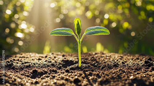 Gardener wearing blue gloves planting a small seedling in soil