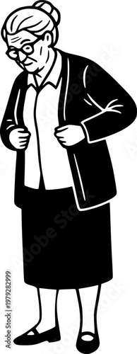 Hand-drawn black and white illustration of an elderly woman with glasses putting on her cardigan, representing aging, senior care, and daily life.