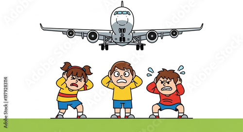 Children cover ears from loud airplane noise overhead.