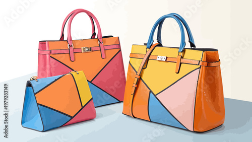 Vibrant modern handbags with geometric color blocking designs in orange pink blue and yellow hues on a sleek surface