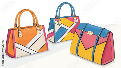 Vibrant handbags using geometric color blocking patterns on white background for fashion and design concepts