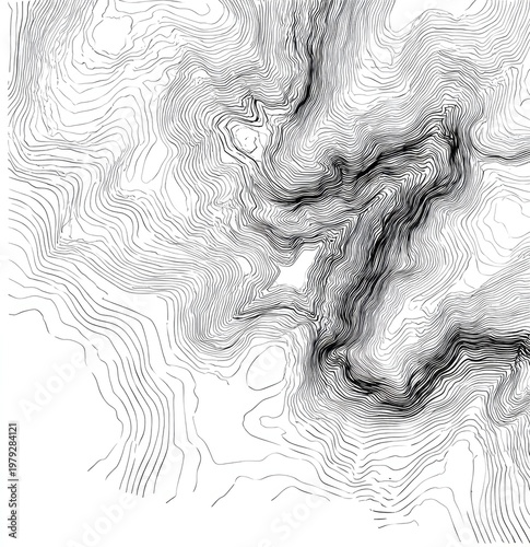 Abstract topographic lines detailing a stark, mountainous landscape