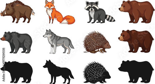 Canvas Print Wild animals forest set including bear, wolf, fox, boar, raccoon, and hedgehog icons, wilderness wildlife silhouettes for cad drawing flat vector illustration