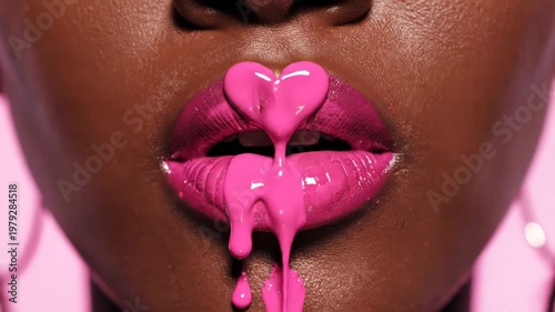 Closeup of woman lips with pink glossy lipstick and heart shaped paint drip
