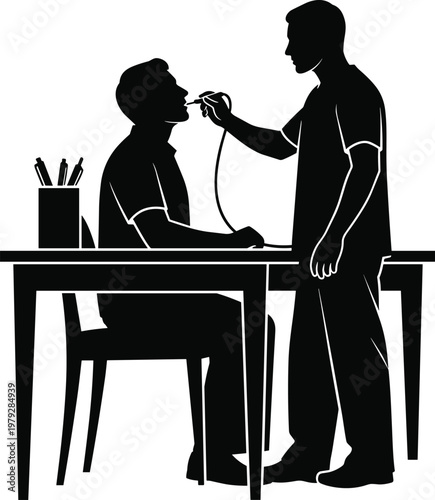 Vector black medical silhouette of doctor examining patient throat in clinic office isolated on white background, healthcare checkup illustration for medicine and hospital