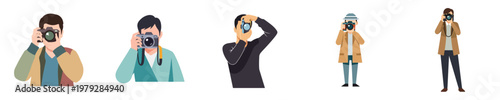 A clean flat vector graphic set of a photographer carrying a camera, minimal aesthetic, no strokes, white background