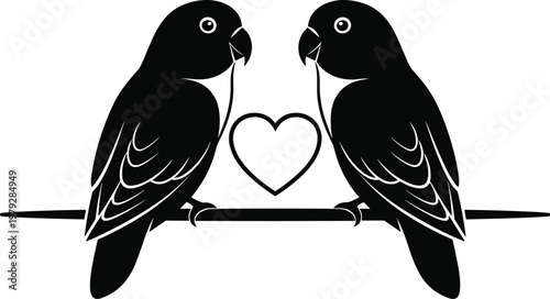 Vector black lovebirds silhouette with heart icon perched on branch isolated on white background, romantic parrot couple illustration for wedding and valentines