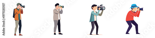 A clean flat vector graphic set of a photographer carrying a camera, minimal aesthetic, no strokes, white background