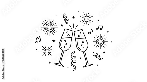 Celebratory toast with clinking champagne flutes, streamers, confetti and fireworks illustration