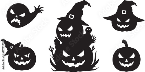 Halloween Silhouette Pumpkins and Witches Hats with Ghostly Figures