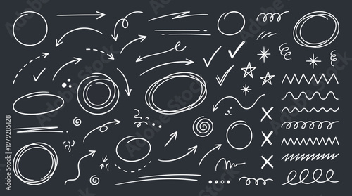 Chalkboard filled with arrows, circles, spirals and doodles for brainstorming, idea visualization and creative planning