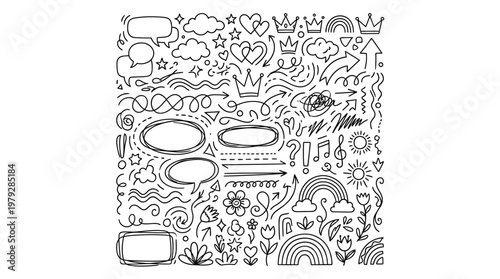 Intricate hand-drawn doodle collage of whimsical icons and decorative elements in black and white, featuring clouds, sun, moon, stars, flowers, leaves, frames, speech bubbles and arrows.