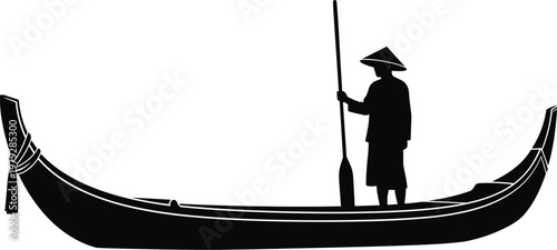 Traditional Fisherman Silhouette in a Small Boat for Asian Cultural Heritage, Rural River Life, Ancient Transportation, Maritime History, and Serene Nature Landscape Designs.