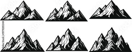 Set of six vector mountain silhouette illustrations, rugged rocky peaks collection for outdoor adventure branding, wild nature hiking landscape designs, isolated elements.
