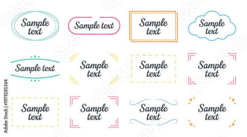 Set of colorful decorative label banners with sample text in various handwritten fonts for invitations, crafts, branding and UI design.