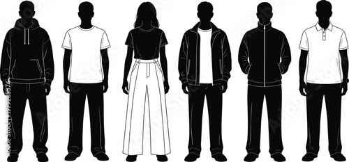Set of six people silhouette vector illustrations, diverse casual fashion outfits for men and women, urban street wear icons for graphic design.